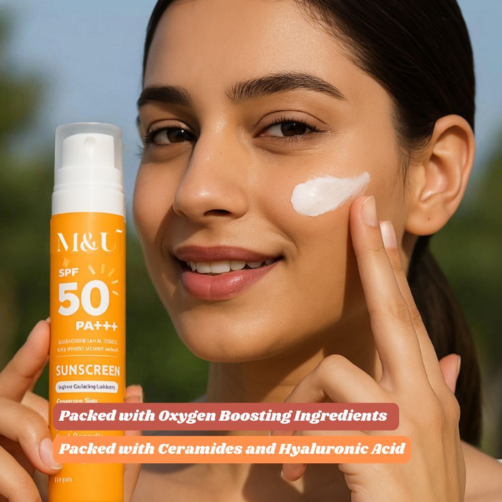 M&U oxygen boosting sunscreen with ceramides hyaluronic for moisturisation